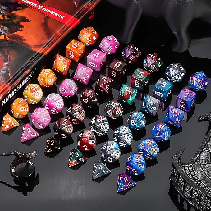 QMay DND Dice Sets - 6 X 7 Polyhedral Dice (42pcs) with 6 Drawstring Bags for Dungeons and Dragons, RPG, MTG,Role Playing Table Game