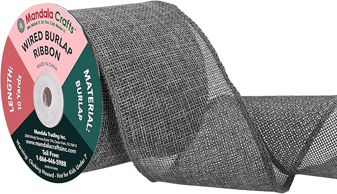 Mandala Crafts Gray Burlap Wired Ribbon 3 Inches Wide Jute Ribbons for Crafts - 10 Yds Roll Rustic Burlap Wrap Trim Ribbons for Wreaths Bows Party Decoration