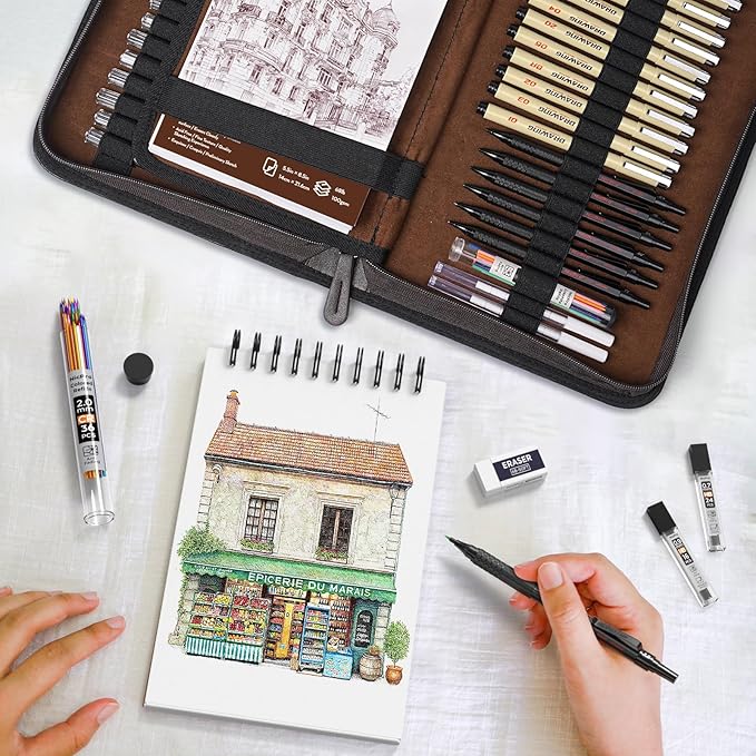 Nicpro 58PCS Art Drawing Supplies Kit in Leather Case, MP1000 Black Metal Mechanical Pencil Set with Drafting Pencil 0.5, 0.7, 0.9 & 2mm, 12 Micron Pen, Sketch Book, 30 Tube Lead Refills for Sketching