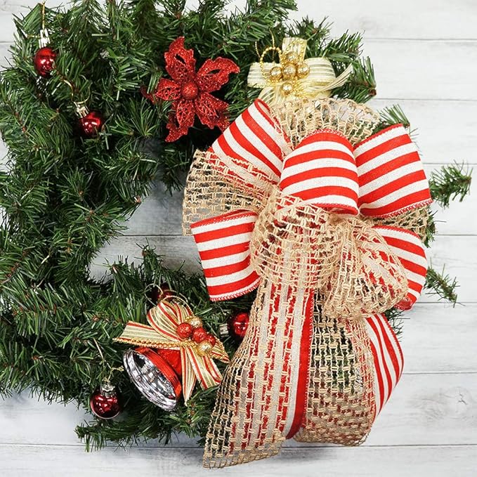 CT CRAFT LLC Striped Canvas Cotton Ribbon 2.5" x 10 Yards Ivory/Red Stripes for Thanksgiving Christmas Home Décor Gift Wrapping Outdoor Tree Topper Bow Wreath
