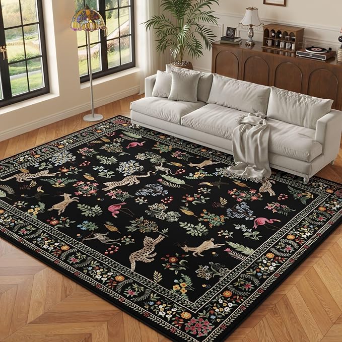 Rugcomf Area Rugs 8x10 Rug for Living Room Clearance Washable Boho Area Rug Non Slip Floral Animal Vintage Low Pile Large Rug for Living Room, Bedroom, Farmhouse, Dining Room, Kids Playroom (Black)