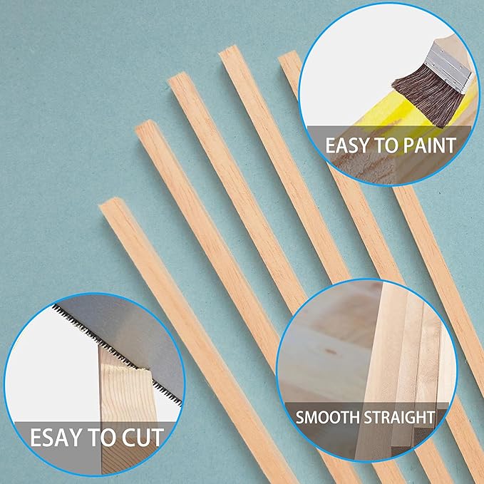60Pcs Balsa Wood Square Dowels 1/4 x 1/4 x 12 inch ，DIY Balsa Wood Sticks for Crafts Model Making (1/4"x12"-60pcs)