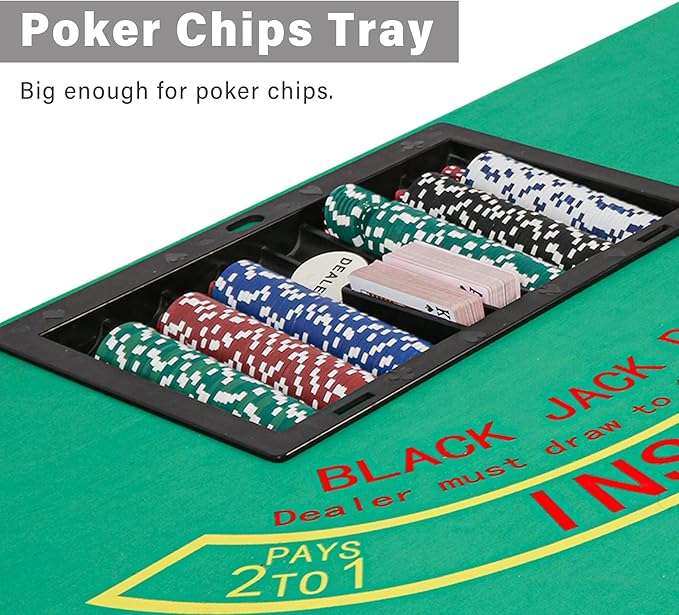 Foldable 7 Players Poker Table for Blackjack, Texas Hold'em Table with Stainless Steel Cup Holder, Casino Leisure Table for Card Games, Dominoes, Board Games,Green Speed Felt