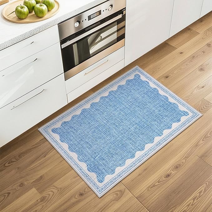 Scalloped Rug 2x3 Rugs for Entryway, Solid Blue Rugs Small Area Rug Non Slip Scalloped Bath Mat, Washable Front Door Mat Indoor Entrance,Soft Girls Nursery Dorm Carpet for Bedroom Kitchen