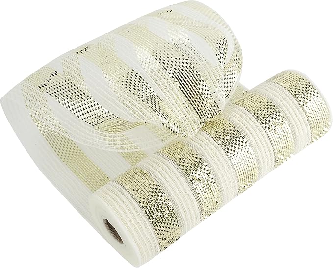 MEEDEE Cream Cotton & Deluxe Metallic Champagne Striped Deco Mesh - 30 Feet for Christmas Tree, Wreaths, Garland, Gift Wrapping, Bows Making