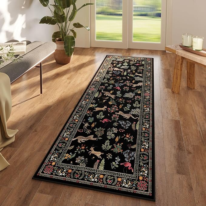 Rugcomf Runner Rug for Kitchen Rug Non Slip 2'x6' Washable Rugs with Rubber Backing Soft Floral Animal Carpet Runner for Kitchen, Laundry, Bedroom, Bathroom (Black)