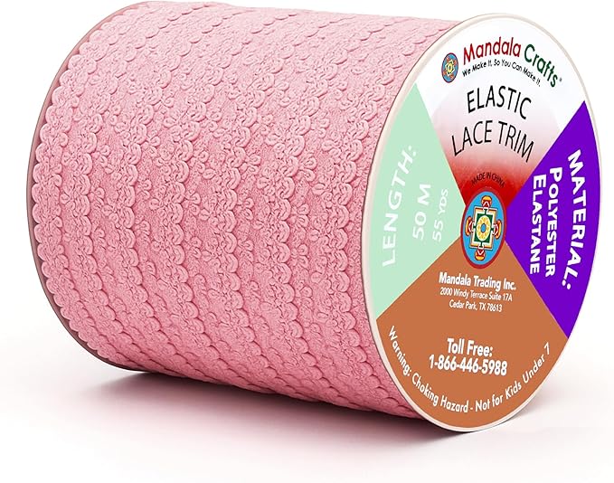 Mandala Crafts Mauve Stretch Lace Soft Elastic Trim Roll - 55 Yards 1 Inch Wide Stretchy Frilly Picot Ribbon for Sewing Lingerie, Headbands, Underwear, and Crafts