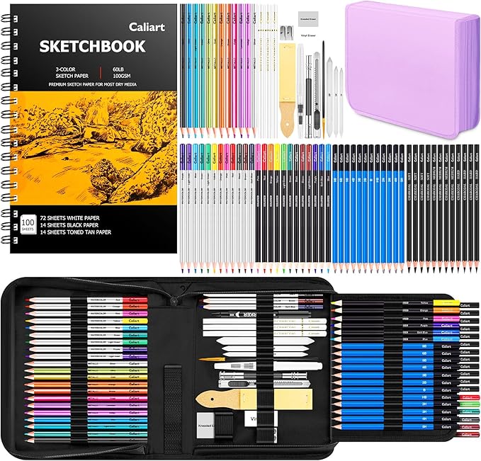 Caliart 176PCS Art Supplies Sketching Kit with 100 Sheets 3-Color Sketch Book, Graphite Colored Charcoal Watercolor & Metallic Pencils, Drawing Supplies Christmas Gifts for Artists Adults Beginners