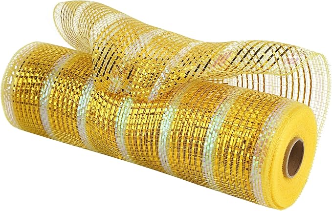MEEDEE Gold Deco Mesh 10 Inch Deluxe Wide Foil & Iridescent Metallic Stripe Mesh Ribbon for Wreaths, Christmas Tree, Garland, Gift Wrapping, Bows Making (30 Feet)
