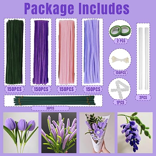 600 Pcs Purple Pipe Cleaners Craft for Flowers,Multiple Assorted Colors Pipe Cleaners Bulk, Chenille Stems for DlY Flower Making Kit.Pink Pipe Cleaners Craft Set(Purple)