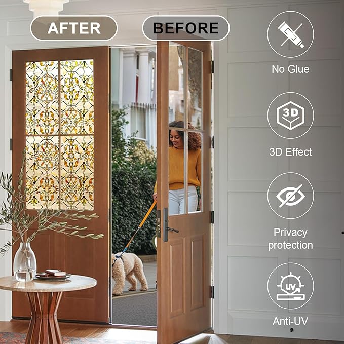 3D Stained Glass Window Privacy Film, Heat Control UV Blocking Static Cling Decorative Window Film for Bathroom,Front Door,Home Non Adhesive 23.6 x 35.4 inches Golden Filigree