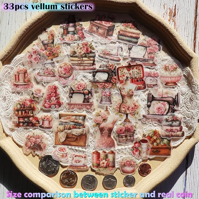Vintage Vellum Stickers Floral Plants Elements Scrapbooking Supplies Flowers Botanic Natural Translucent Paper Self-Adhesive Junk-Journal Items (Sewing Rose)