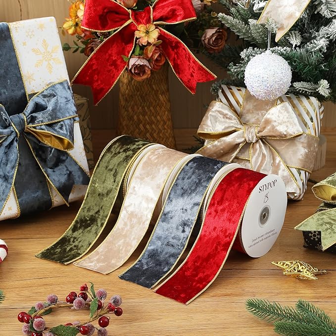 Olive Green Christmas Velvet Ribbon Wired (2.5" × 15 Yards) - Christmas Ribbon for Christmas Tree Decoration/Gift Wrapping/Crafts Wreaths Supplies