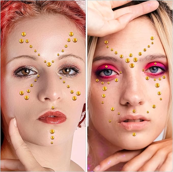 Self Adhesive Face Gems and Pearls for Makeup, Festival Jewels, Hair Gems Pearls, 3/4/5/6/8 mm Round Rhinestone Stickers for Face, Eye, Makeup, Body, Crafts 591Pcs (12_Gold)