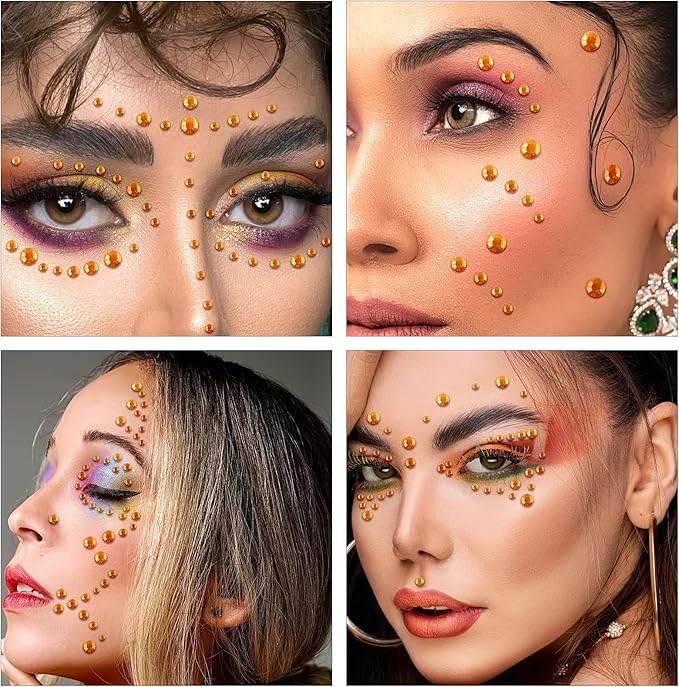 Self Adhesive Face Gems and Pearls for Makeup, Festival Jewels, Hair Gems Pearls, 3/4/5/6/8 mm Round Rhinestone Stickers for Face, Eye, Makeup, Body, Crafts 591Pcs (06_Orange)