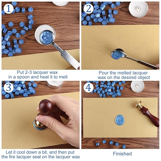 500 Pcs Sky Blue Octagon Wax Seal Beads Kit with 4 Pcs Tea Candles 1 Pc Melting Spoon for DIY Crafts Letters Wedding Wine Bottle Sealing