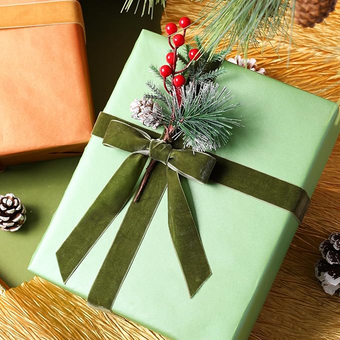 LaRibbons Thin Velvet Ribbon 1 Inch x 25 Yards, Moss Green Velvet Ribbon for Christmas Tree, Gift Wrapping, Wreath Bow, Outdoor Decoration