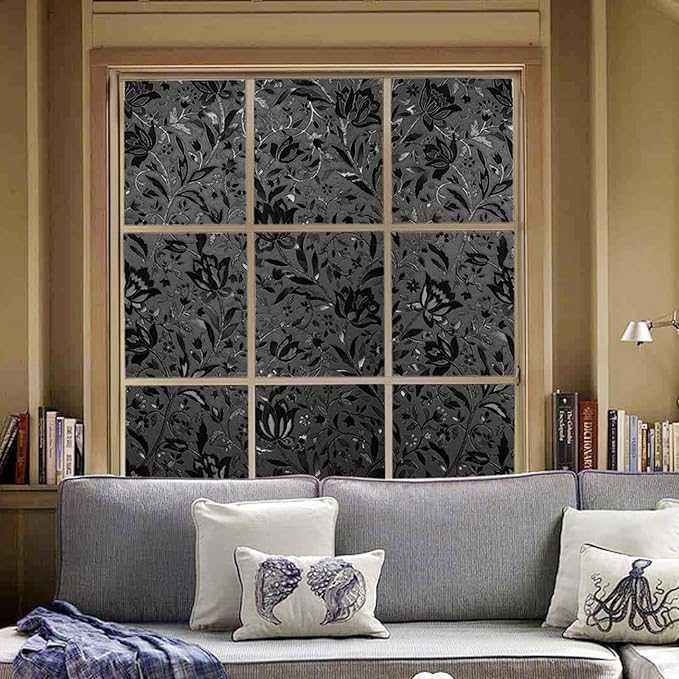 LEMON CLOUD Total Blackout Window Film Privacy Static Cling Frosted Black Window Covering 100% Opaque Film Tint Darkening Removable Film for High Privacy，(Blackout Tulip Design,17.5 x157.4 inches)