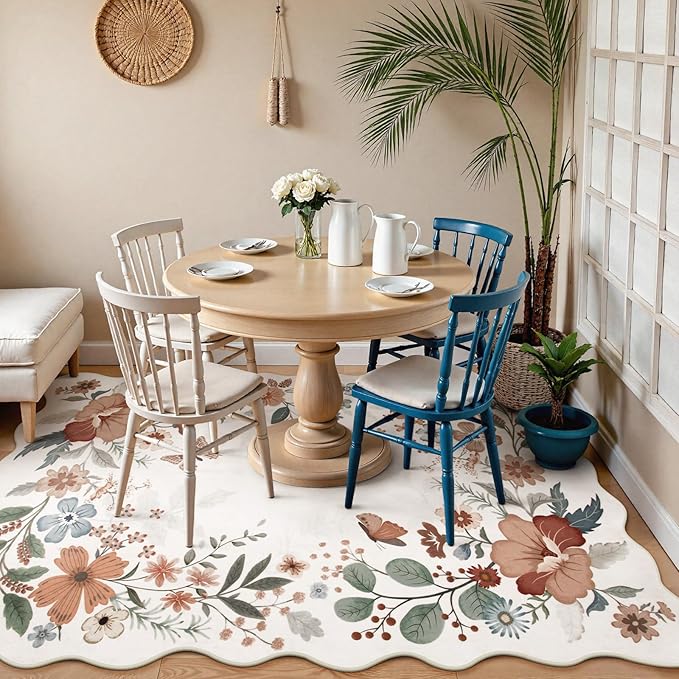 Beeiva Living Room Area Rug 6 x 9 - Scalloped Floral Printed Boho Flower Rugs for Bedroom Playroom Soft Non Slip Large Aesthetic Carpet for Nursery Dorm Office(Beige,6x9ft)