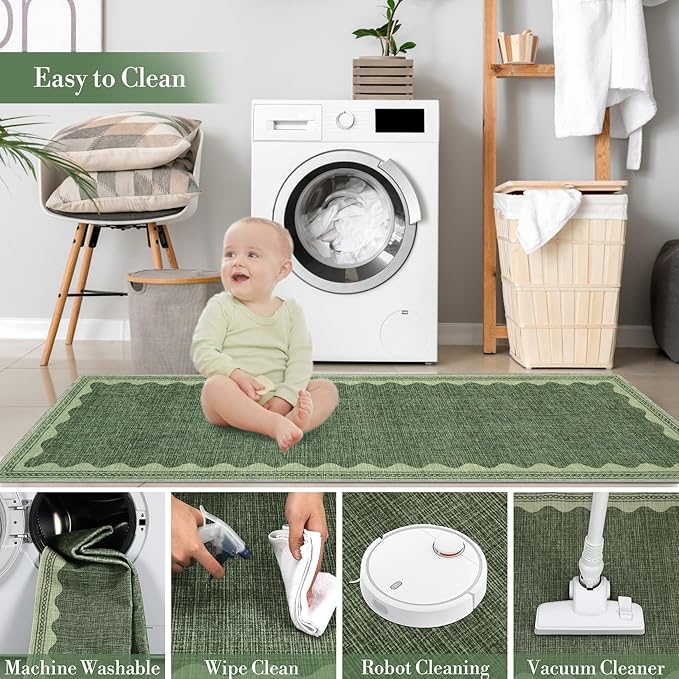 Scalloped Washable Rug 8x10 Area Rugs for Living Room, Solid Green Rug for Bedroom Girls, Non Slip Throw Carpet with Rubber Back, Soft Dorm Nursery 8x10 Rugs for Dining Room