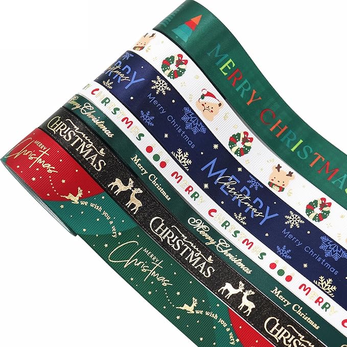 Christmas Gift Wrapping Ribbon, Red, Green, 2 Rolls Printed Grosgrain Ribbons for Crafts, Floral Bouquets, Sewing, Party and Festive Holiday Decor (2 Rolls(Green/White), 1 Rolls=1in * 5Yards)