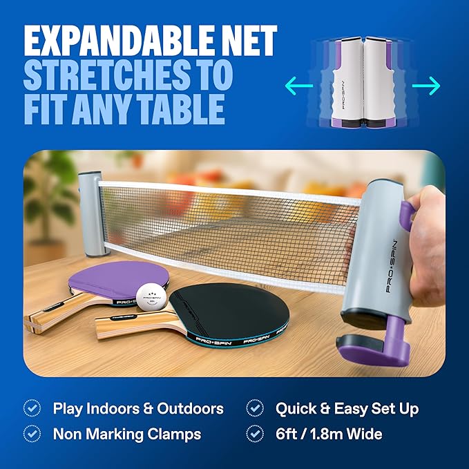 PRO SPIN All-in-One Ping Pong Set - Retractable Ping Pong Net for Any Table (72"), Ping Pong Paddles and Balls, Storage Case - Portable Table Tennis Family Games, Gifts for Boys & Girls