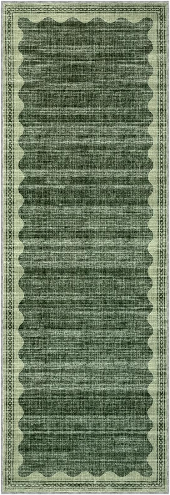 Scalloped Rug 2x6 Runners for Hallways, Solid Green Runner Rugs Non Slip Scalloped Bath Runner, Washable Rug for Bedroom Girls, Mat for Kitchen Floor Soft Dorm Nursery Carpet for Bedside