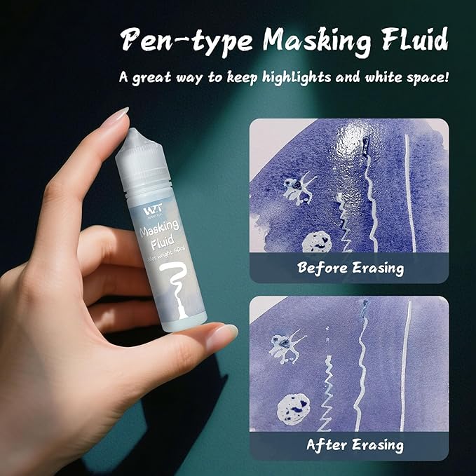 Masking Fluid for Watercolor Painting - 120ml Blue with a Paintbrush and Eraser - Art Masking Fluid Pen Watercolor Medium Art Supplies for Artists
