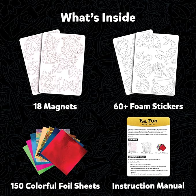 Skillmatics Foil Fun - Pretty Patterns, 18 DIY Magnets Mess-Free Art, Colorful Creative Party Activity, Craft Kits, 60+ Foam Stickers, Christmas Gifts for Kids, Teens, Adults, Families