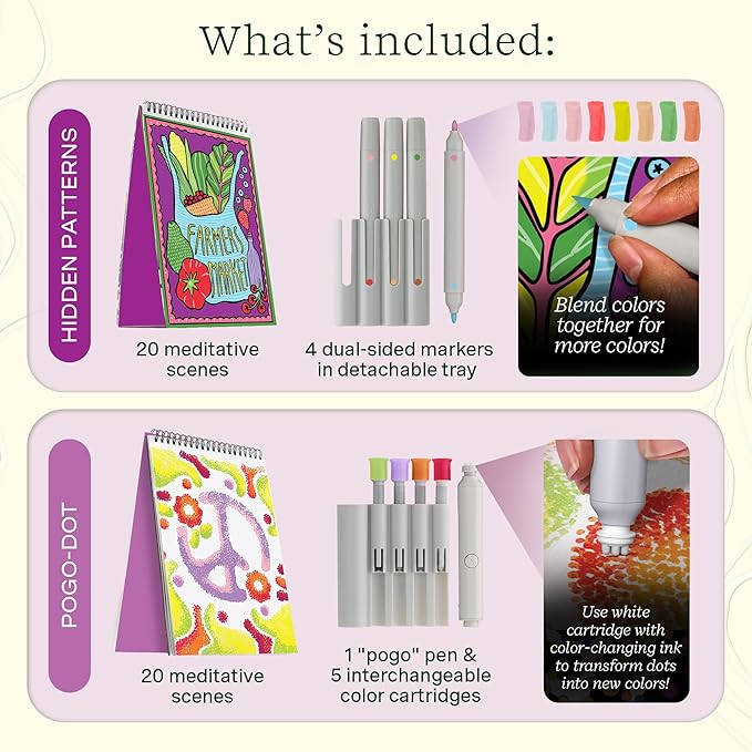 Lifelines FlowArt Activity Pad, 2-Pack & Bonus Pad - Guided Art Meditations with Markers - Hidden Patterns & Pogo-Dot - Coloring Books for Tweens, Adults & Seniors