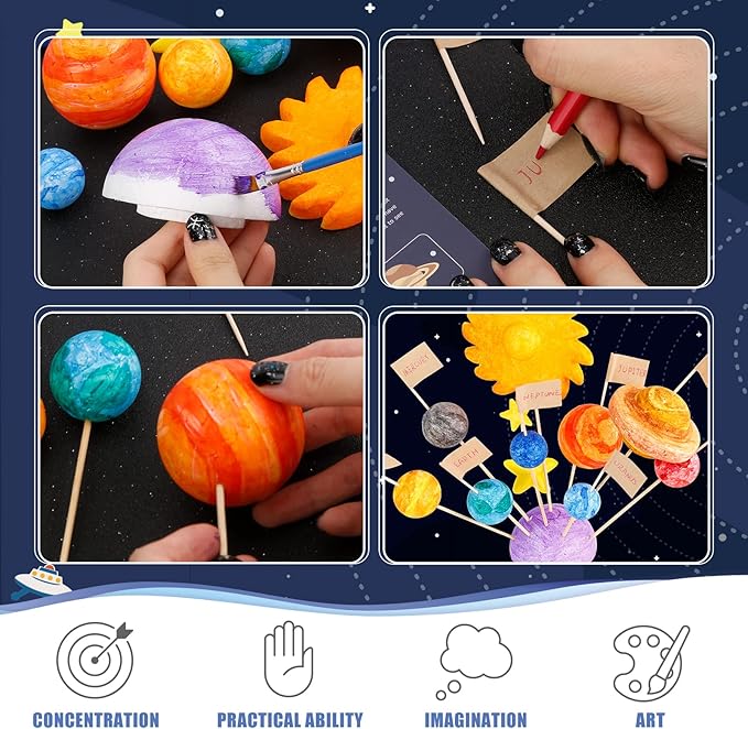 Pllieay 63PCS Solar System Foam Ball Kit Includes Color Pigments, Palette, Mixed Sized Polystyrene Spheres Balls, Toothpick Flag, Painting Brushes, Bamboo Sticks for School Science Projects