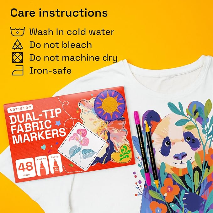 ARTISTRO 48 Dual-Tip Fabric Markers - Fabric Decorating Kit - Permanent for Clothes - No Bleed Pens for T-Shirts, Bags, Textile, Canvas, and More (Brush Tip and Fine Tip)