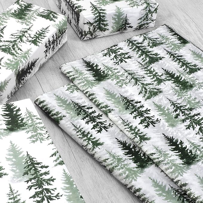 100 Sheets Christmas Tree Tissue Paper, 20x14in Forest Style Wrapping Tissue Watercolor Xmas Tree Art Tissue for Xmas Party Gift Bag Fillers Winter Party Decor (Green)