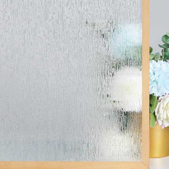 rabbitgoo Window Privacy Film Frosted Glass Clings, Decorative Sun UV Blocking Static Cling Window Covering, Removable Frosting Sticker for Home, Rain Silk, 17.5 x 157.4 Inches