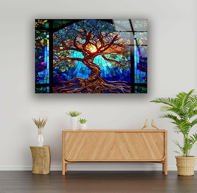 My Photostation.com Round 31,5'' Stained Blue Life of Tree Glass Wall ArtTempered Glass Printing Wall Decor Large Wall Art Wall Hangings