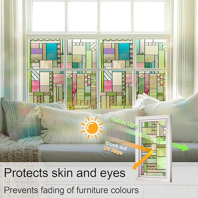 3D Stained Glass Window Privacy Film, Heat Control UV Blocking Static Cling Decorative Window Film for Bathroom,Front Door,Home Non Adhesive 16.9 x 39.3 inches Colorful Abstraction