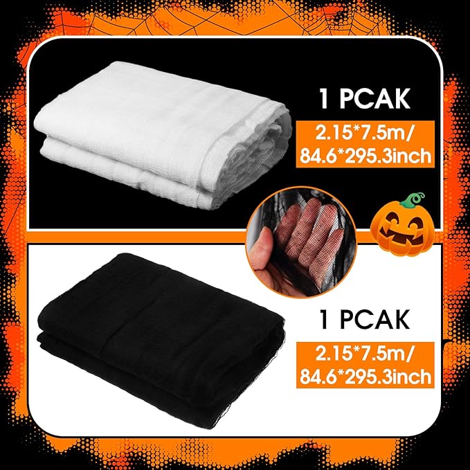 Boao Halloween Cheese cloth 84.65 x 295.28 Inch White Black Cheesecloth Roll for Crafts Large Cotton Muslin Gauze Fabric for Halloween Outdoor & Indoor Spooky Decoration