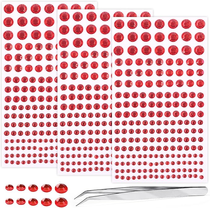 Self Adhesive Face Gems and Pearls for Makeup, Festival Jewels, Hair Gems Pearls, 3/4/5/6/8 mm Round Rhinestone Stickers for Face, Eye, Makeup, Body, Crafts 591Pcs (15_red)