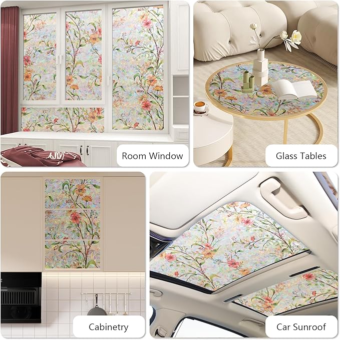 NINETREX Window Privacy Film,Stained Glass Window Film,Rainbow Decorative Stickers Static Cling Anti UV Heat Control for Home Decor (Galsang Flower,23.6 x 157.4inch)