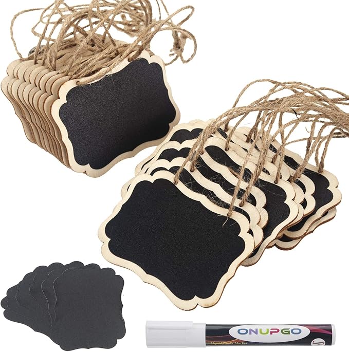 ONUPGO 20 Pack Chalkboard Tags with Liquid Chalk Marker, Double Sided Blackboard with Hanging String, Wooden Mini Erasable Chalkboard Signs, Hanging Chalkboard Labels, Price Tags, Message Tags
