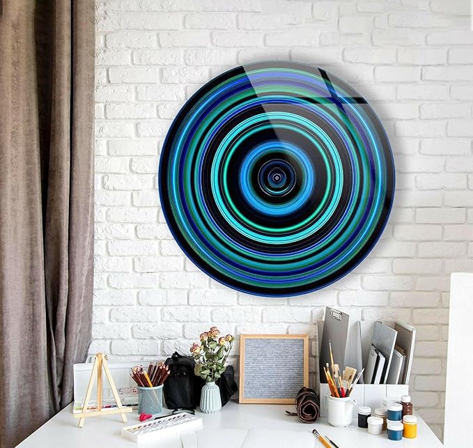 My Photostation.com 10''(25cm) Diameter Blue and Green Round Glass Wall Art Tempered Glass Printing Wall Decor Large Wall Art Wall Hangings