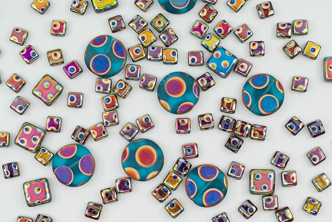 1.75 oz (50g) Mix of Unique Czech Bohemia Glass Pressed Beads, Blue Violet Pink Vitrail Sliperit, Dot Patterned, Matte and Glossy, Hand Made BCV