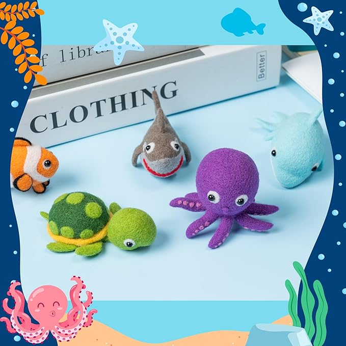 WATINC Needle Felting Kit - 5 Set Unique Different Cute Doll Wool Felt Needle Tools Foam Pad Instruction, DIY Home Decoration Craft Party Supplies for Art Work Starter Beginners (Sea Animal)