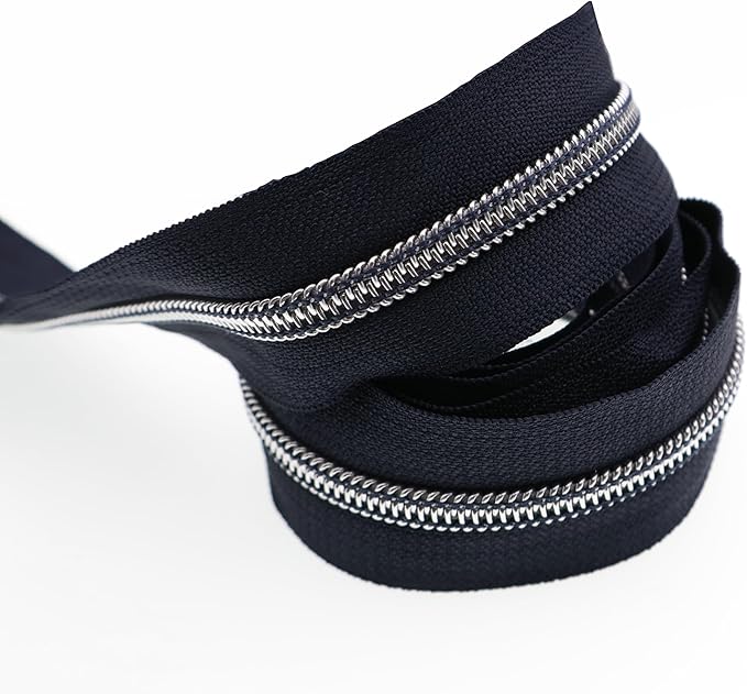 Leekayer Silver Metallic Nylon Coil Zippers by The Yard Bulk 10 Yards Navy Black with 25pcs Silver Sliders for DIY Sewing Tailor Craft Bag