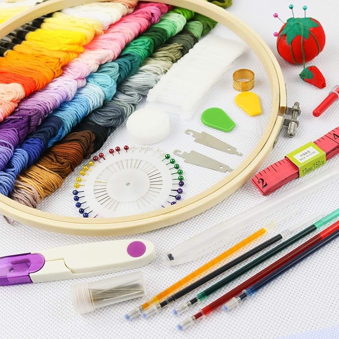 Similane Embroidery Kit 215 Pcs,100 Colors Threads,5 Pcs Embroidery Hoops,3 Pcs Aida Cloth,40 Sewing Pins,Cross Stitch Tools and Embroidery Starter Kit for Adults and Kids Beginners