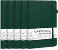 feela 5 Pack Journal Notebook Bulk for School, Hardcover Business Notebooks Classic Ruled Lined Journals with Pen Holder for Work Note Taking, with 5 Black Pens, 120 GSM, 5.1”x8.3”, A5, Dark Green