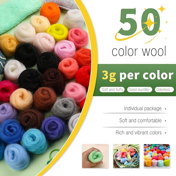 IMZAY 304 Pcs Needle Felting Kit, Wool Roving 50 Colors Set, Needle Felting Starter Kit, Needle Felting Tools Kit with 2 Exquisite Storage Bags, Felt Tools for Felted Animal Needle Felting Supplies