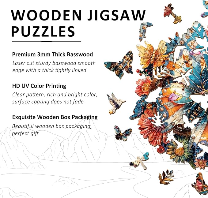 Wooden Puzzles for Adults - Mechanical Butterfly Wood Puzzles Adult - Unique Animal Shape Wooden Jigsaw Puzzles for Adults - Birthday Gifts for Puzzle Lovers, Family (11.4 * 11.4in)