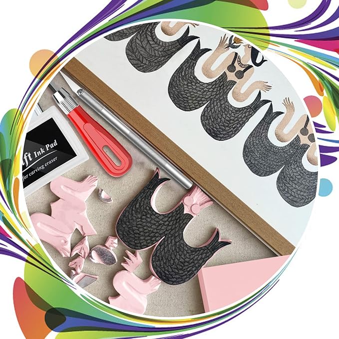 WAYCOM 5-Pack Linoleum Blocks for Printmaking with Cutter Tools, Rubber Block Stamp Carving Blocks Stamp Making Kit Craft Ink Pad Hobby Knife for DIY Printmaking,Printing and More