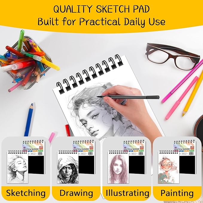 WINNER 5.5" x 8.5" Sketch Book, 4-Pack 400 Sheets Spiral Bound Art Sketchbook, 68lb/100gsm White Acid Free Drawing Pad, Painting Drawing Writing Sketch Pad for Kids, Adults, Teens, Girls & Boys